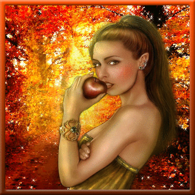В руках дівчина тримає червоне райське яблуко