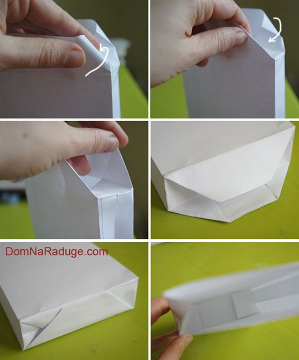 Пакет формується за тим же принципом, тільки бічні сторони повинні бути більш вузькими, а сам виріб плоским і схожим на конверт